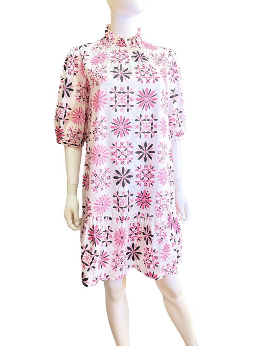 Tyler Böe Pippa Smocked Neck Cotton Dress Small Spring MSRP $240 Pink/Black EUC